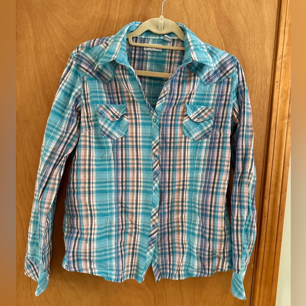 Cowgirl Up snap front western shirt turquoise plaid size L